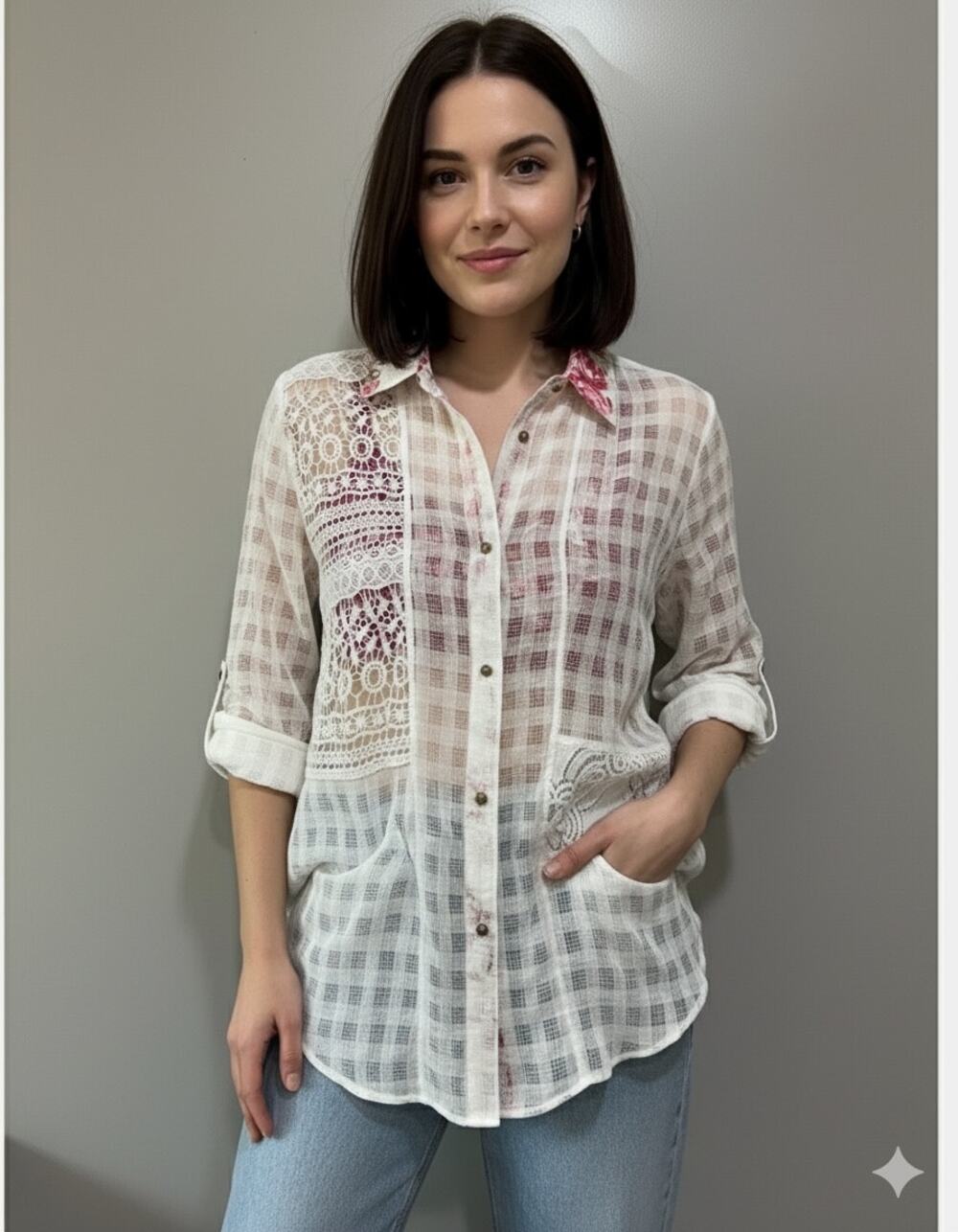 White Sheer Lace Floral Crane embroidery button down shirt Art Boho Romantic L